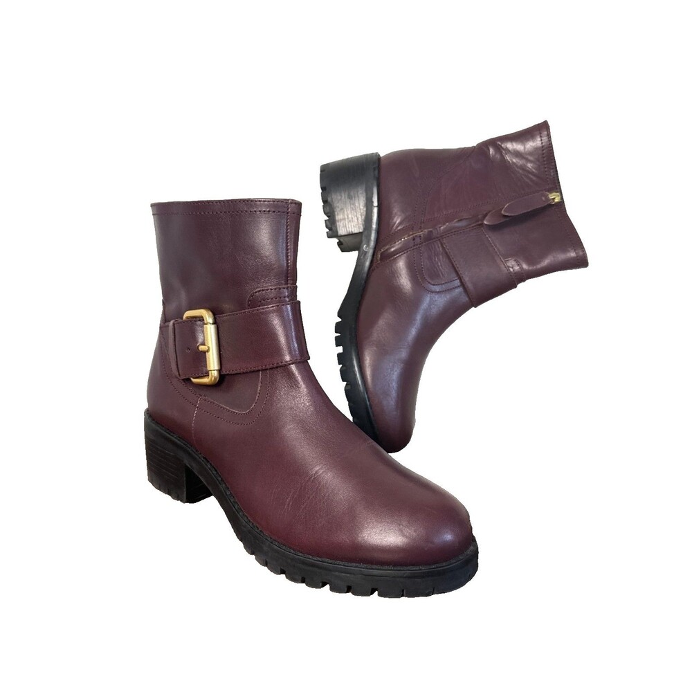 Boden Burgundy Leather Ankle Boots Women 37 6.5 Chunky Heel Moto Biker Preppy
